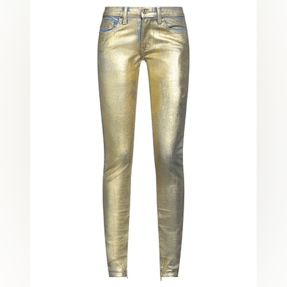 $425 NWT TRÉ by Natalie Ratabesi Gold Edith Metallic Coated Jeans Oversized